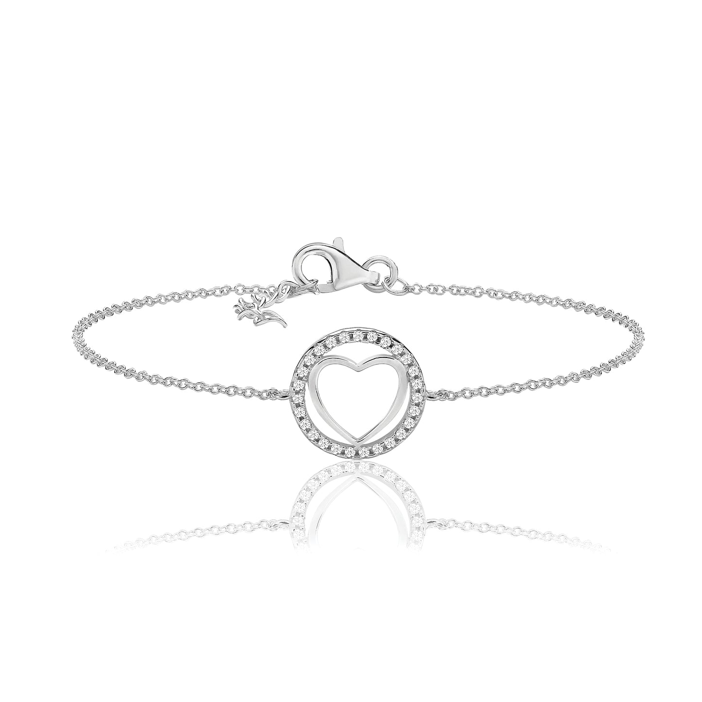 SILVER PLAIN HEART WITHIN RND HALO CZ BRACELET RHODIUM PLATED
