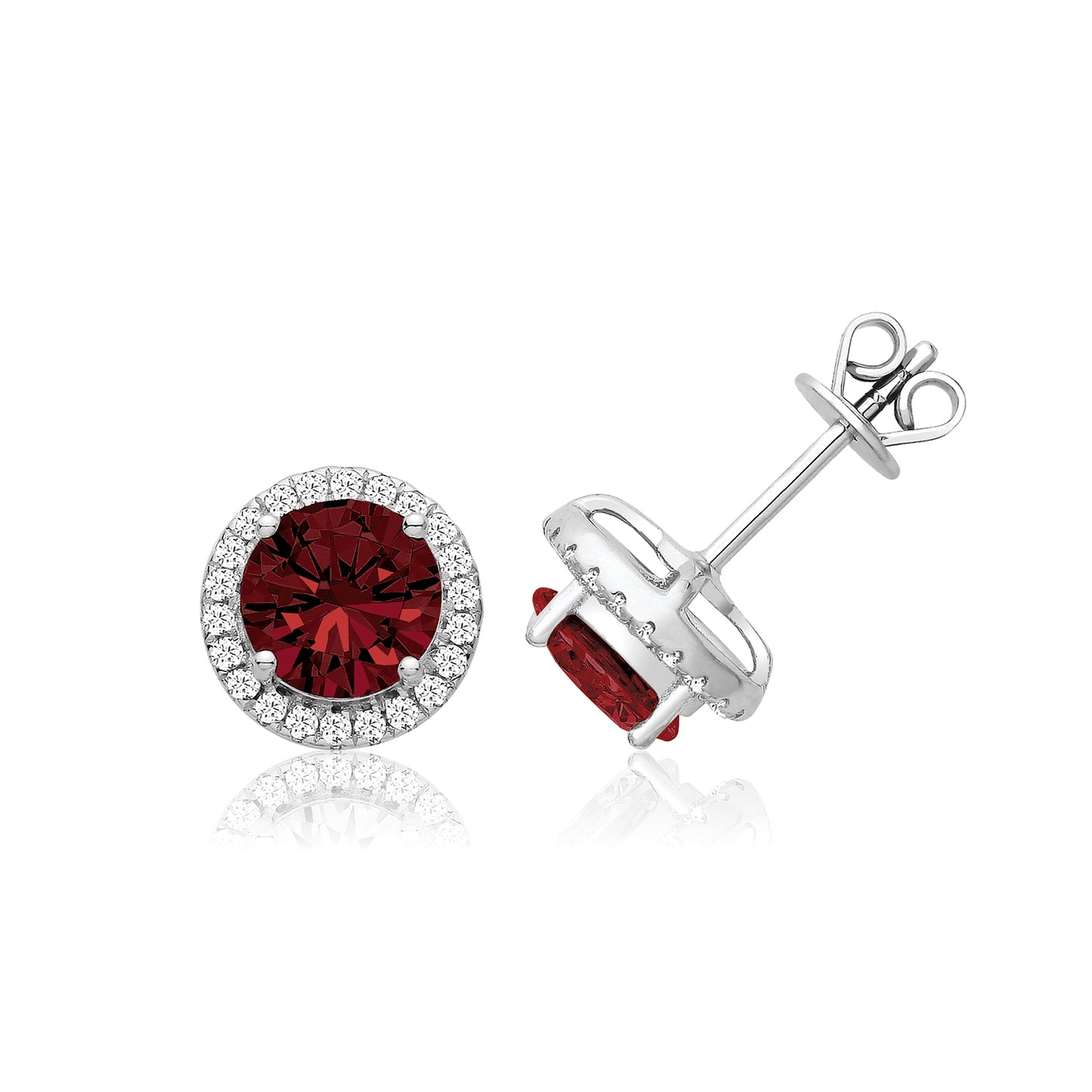 925 SILVER CLAW SET HALO STYLE ROUND RED STUDS RHODIUM PLATED