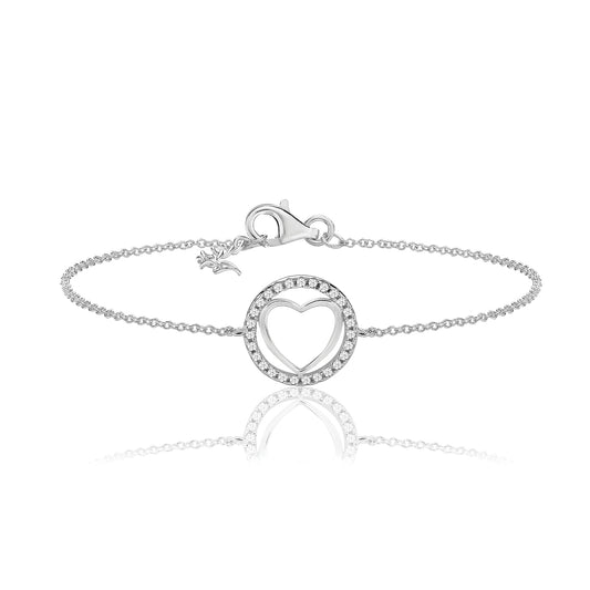 SILVER PLAIN HEART WITHIN RND HALO CZ BRACELET RHODIUM PLATED