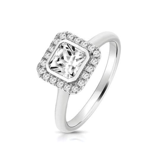 SILVER LGR BEZEL SET CUSHION HALO STYLE CZ RING RHODIUM PLATED