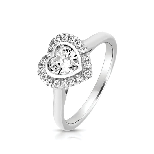 SILVER LGR BEZEL SET HEART SHAPE HALO STYLE CZ RING