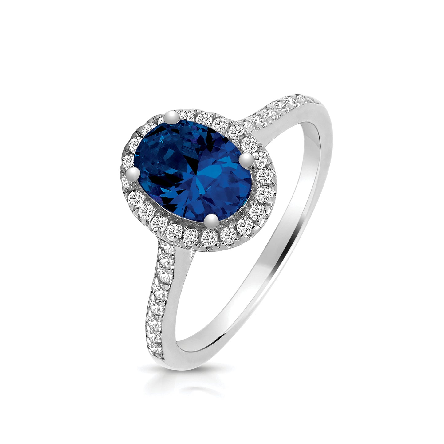 SILVER CLAW SET OVAL SHAPE HALO STYLE BLUE CZ RING RHODIUM PLATED