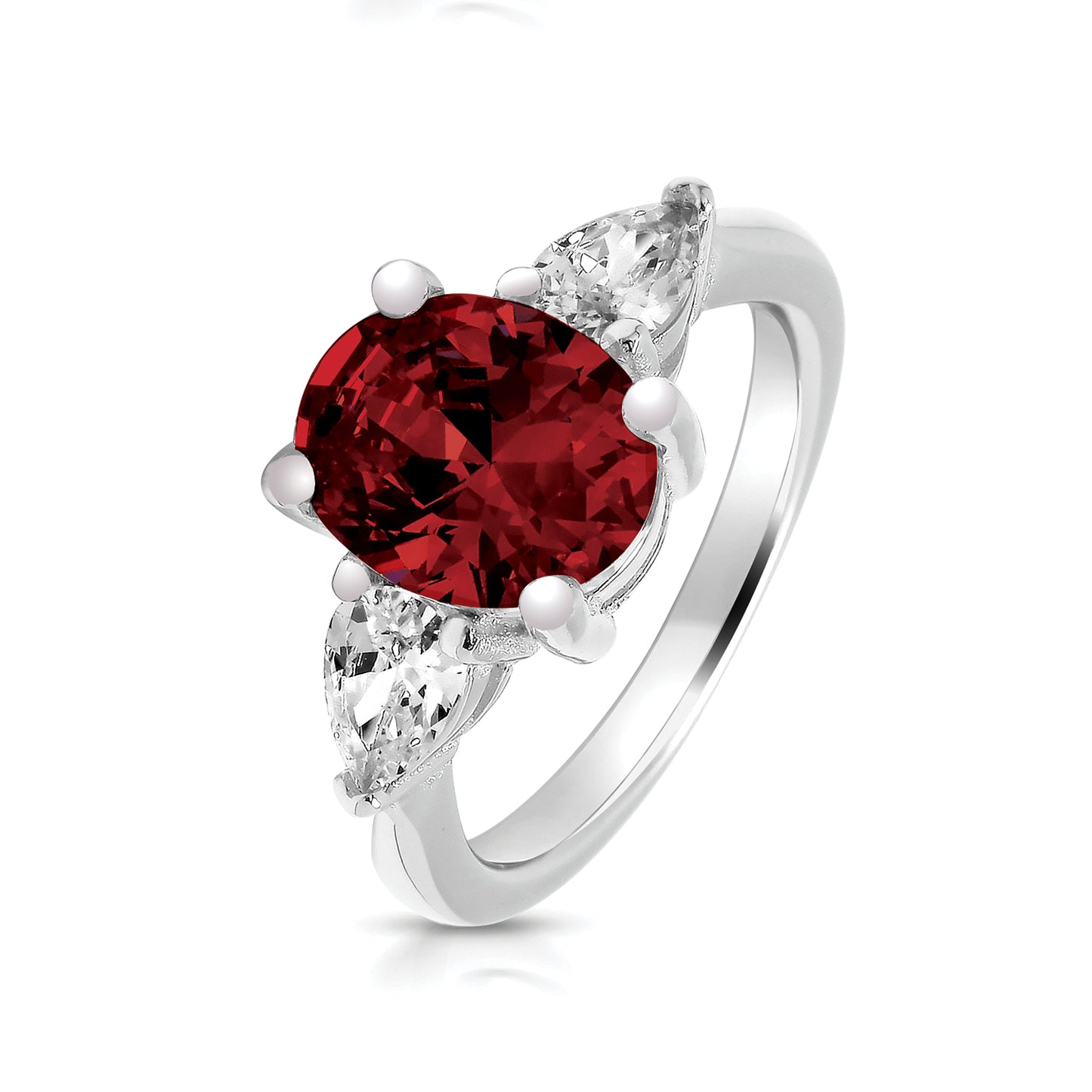 925 SILVER CLAW SET 3 STN 10X8MM RED CZ OVL & 6X4MM PEARS RING RHODIUM PLATED